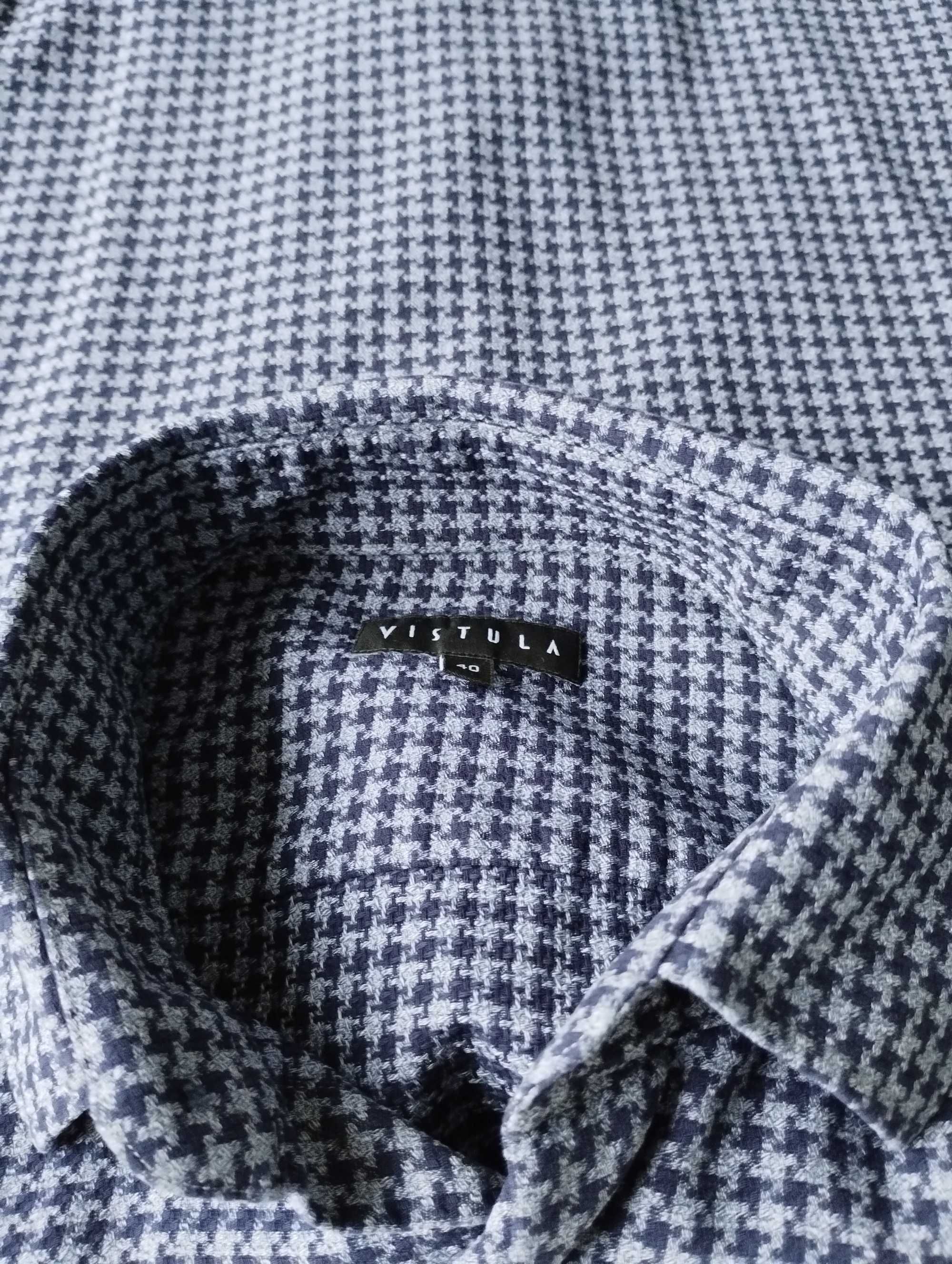 Koszula Vistula w kratę z kołnierzem kryte button-down szaro-granatowa
