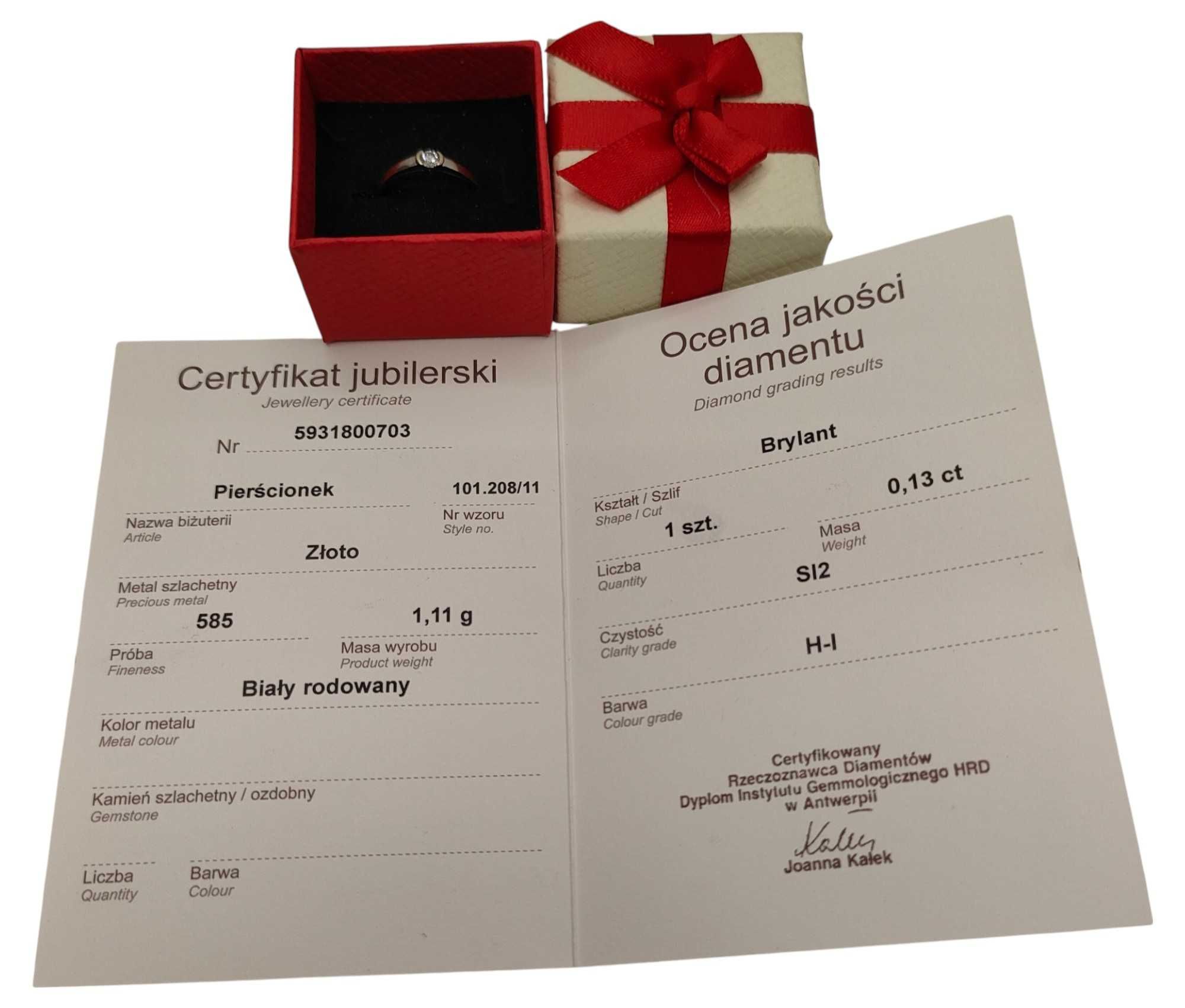 Pierścionek z białego złota 585/1,11G/R11 brylant 0,13CT Apart certyf.