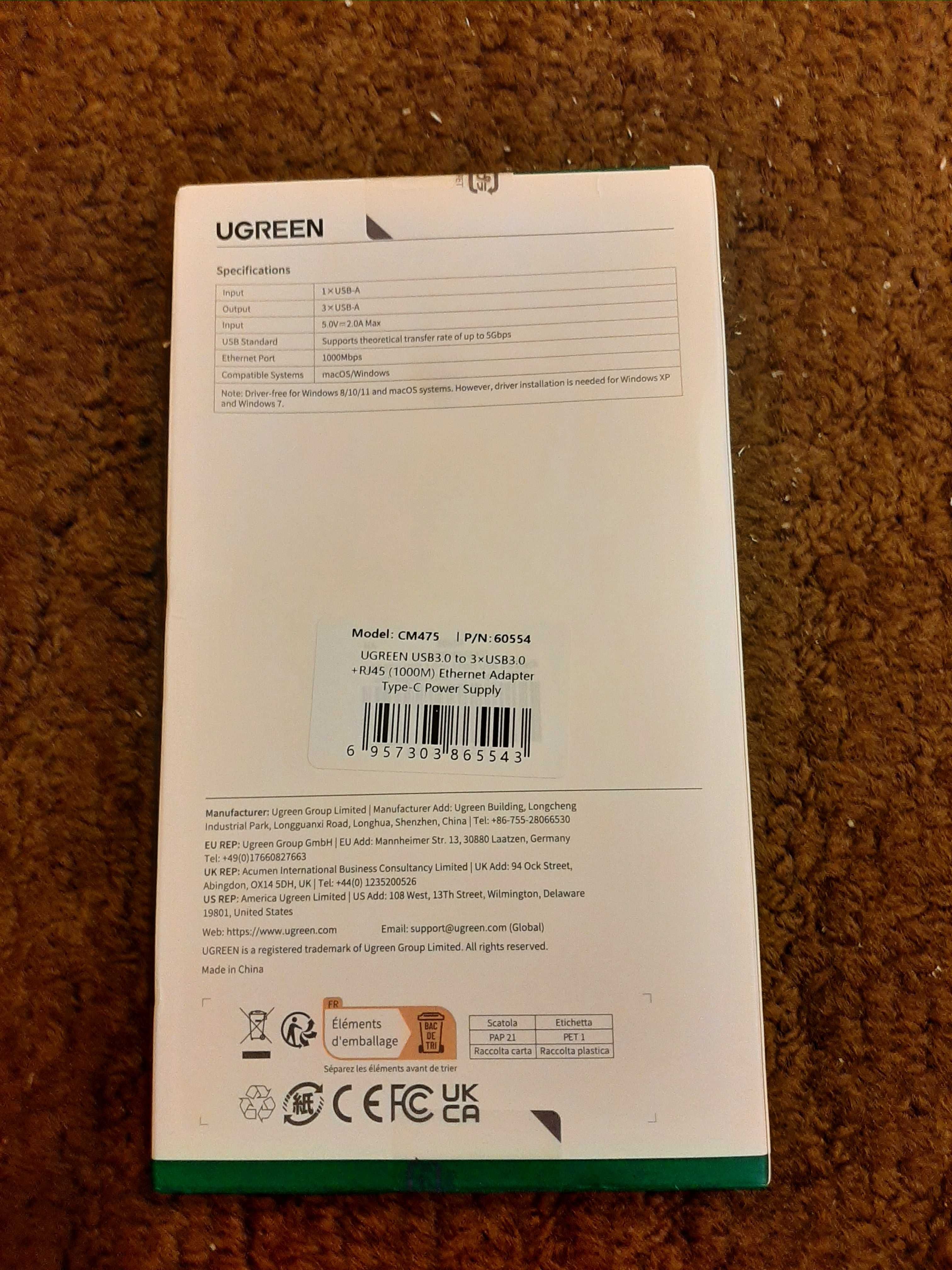 USB-хаб Ugreen CM475 5 in 1 , USB 3.0 - 3x, Type-C + RJ45(1000M)