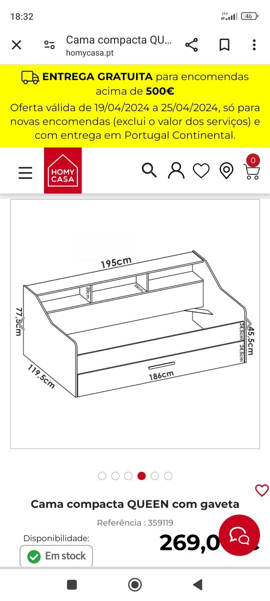 Cama dupla compacta com gavetão (nova)