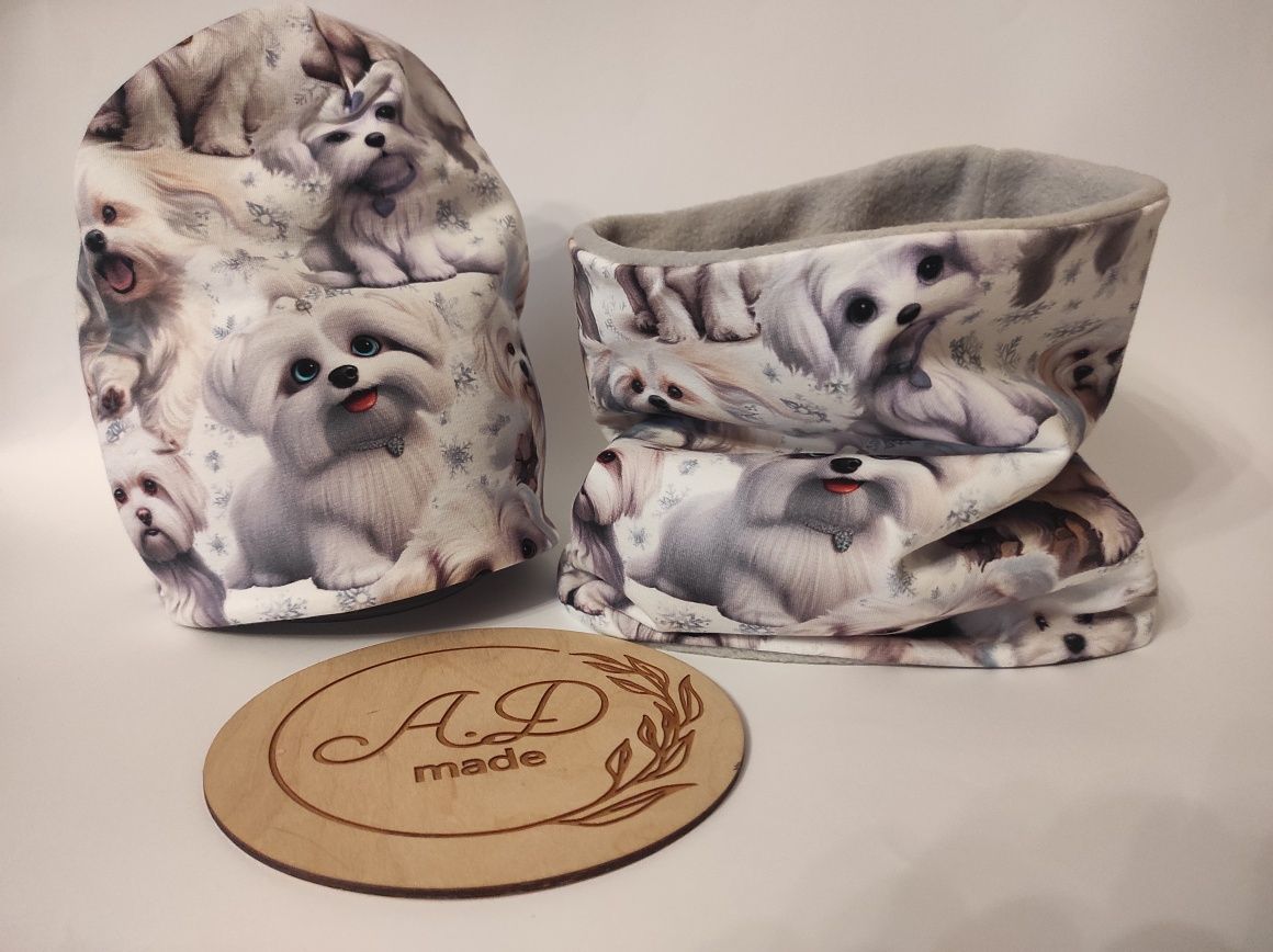Komplet czapka komin Pieski psiaki Shihtzu zimowy ocieplany