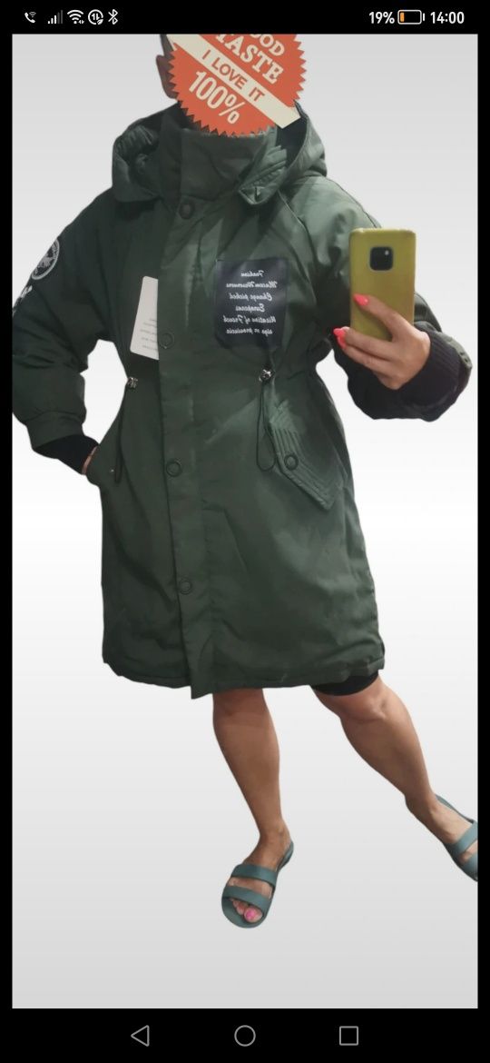 Kurtka zimowa zielona khaki z aplikacjami za tylek asymetryczna XL 42
