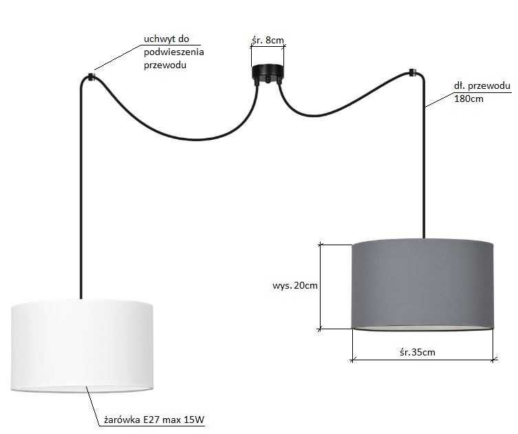 Lampa wisząca ROTO podwieszane przewody, abażury biały/szary + żarówki