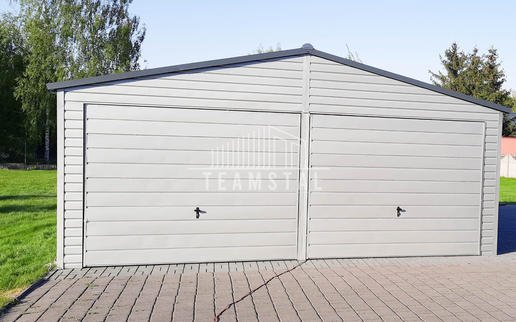 GARAŻ BLASZANY 6,5m x 6m dwuspad 2x Brama biały + antracyt TS292