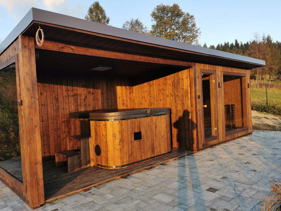 SAUNA ogrodowa PREMIUM 7,5M X 2,5M PIEC WI-FI, prysznic