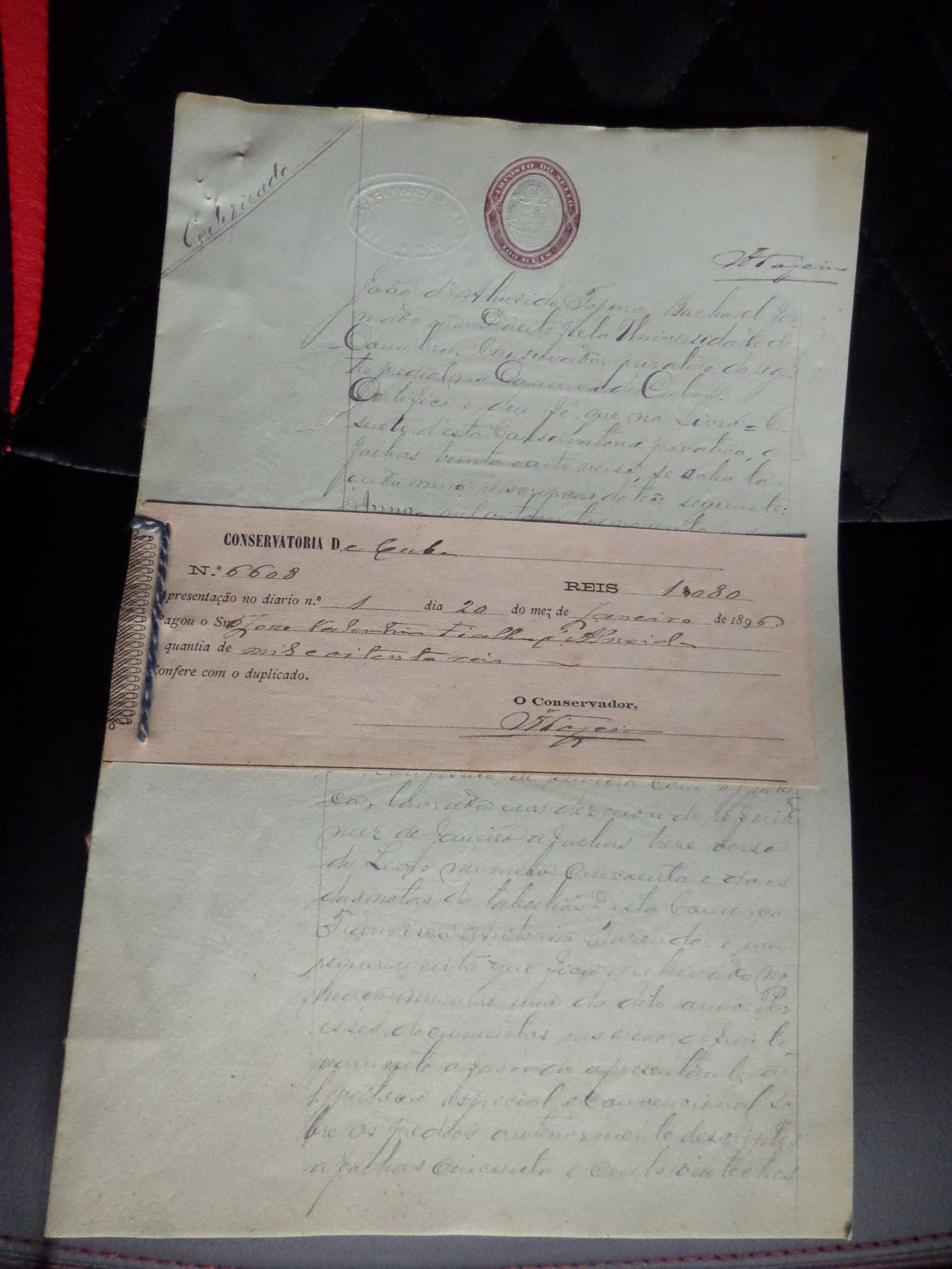 Documento Manuscrito 'Certificado' Selado , ano 1896, Marca de Água