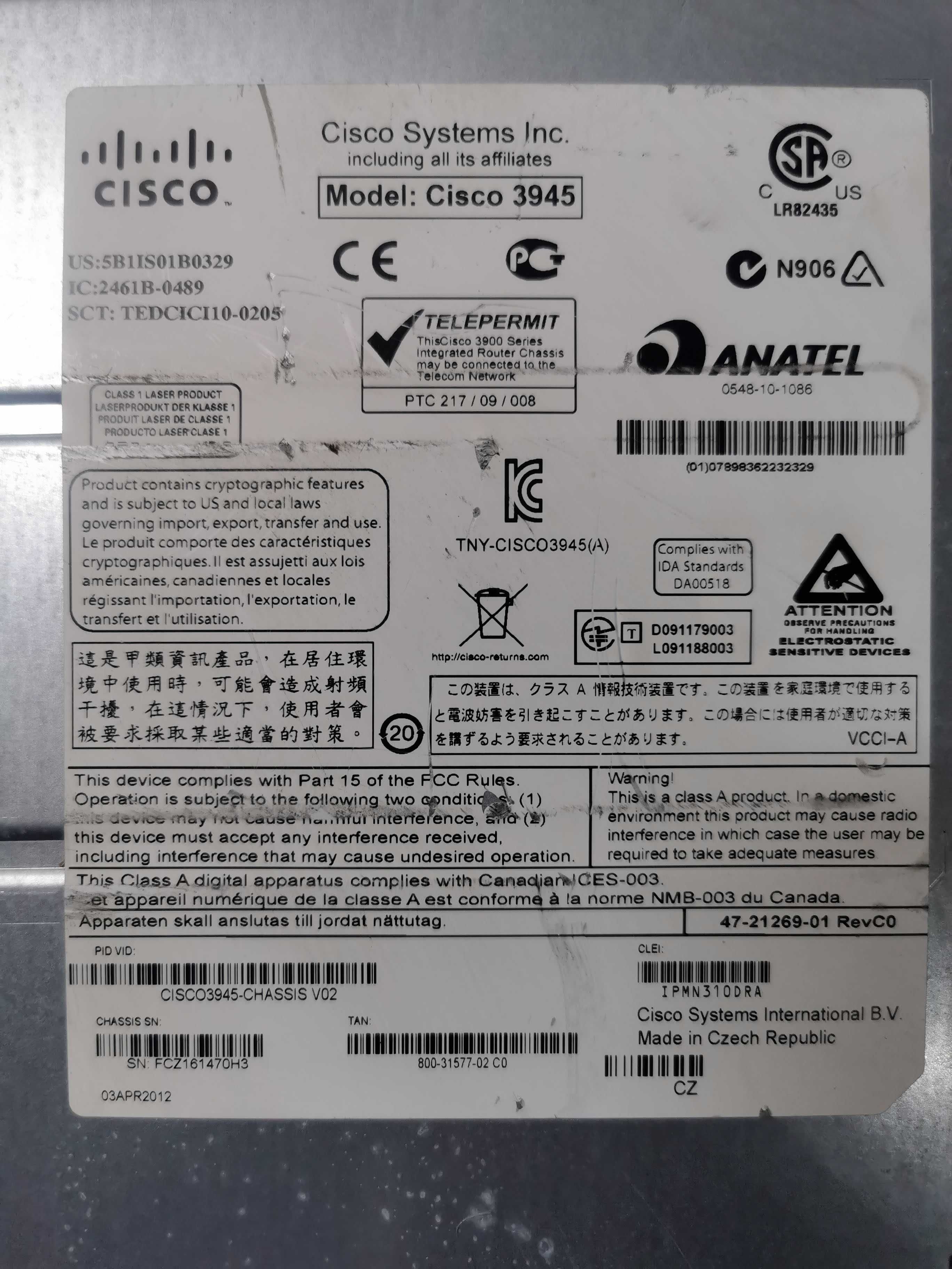 Маршрутизаторы Cisco 3945 SPE150, SPE250/K9 нал/безнал