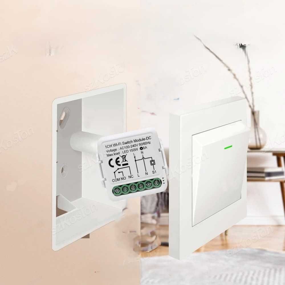 MHCOZY moduł WiFi 1-kanałowy Tuya 12–24V/100–240V z obudową DIN