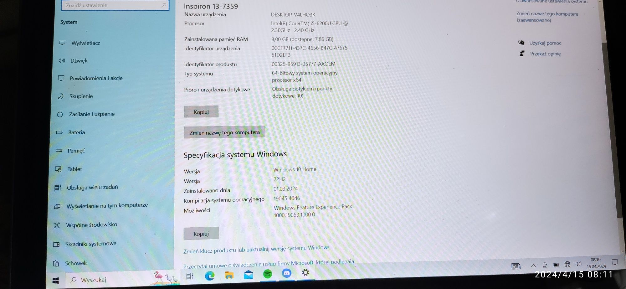 Dell , 13,5 cala dotykowy ekran, W10 home