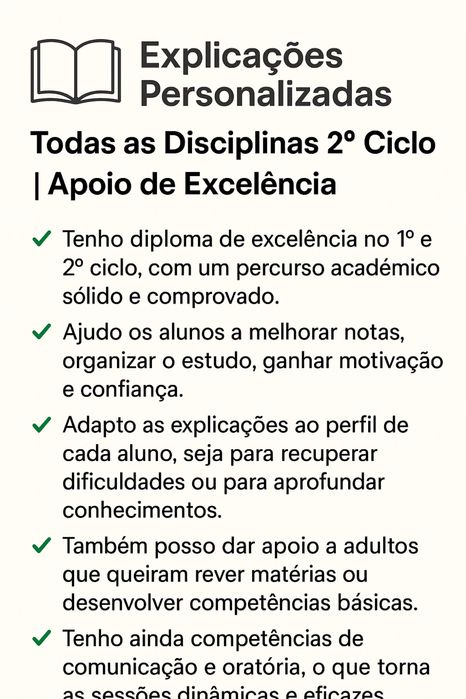 Explicações Personalizadas- Todas as disicplinas de 2° ciclo