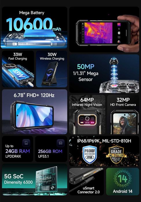 UleFone Armor 27T Pro, 24/256Gb, 50/64NV/ТЕПЛОВИЗОР/32Mp, 10600мАч, 5G