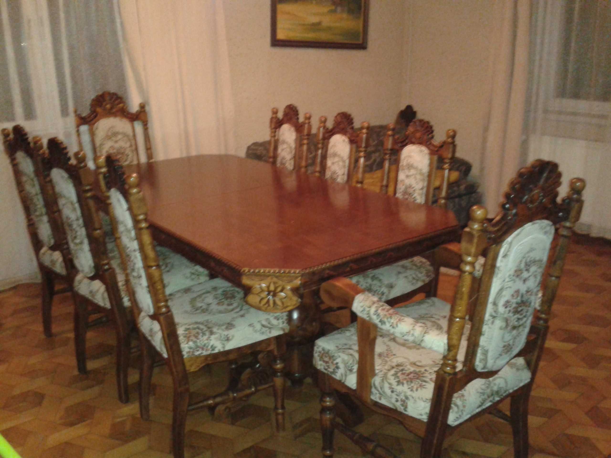Stół do jadalni rzeźbiony w drewnie rozkładany 12 krzeseł stylowy mebl