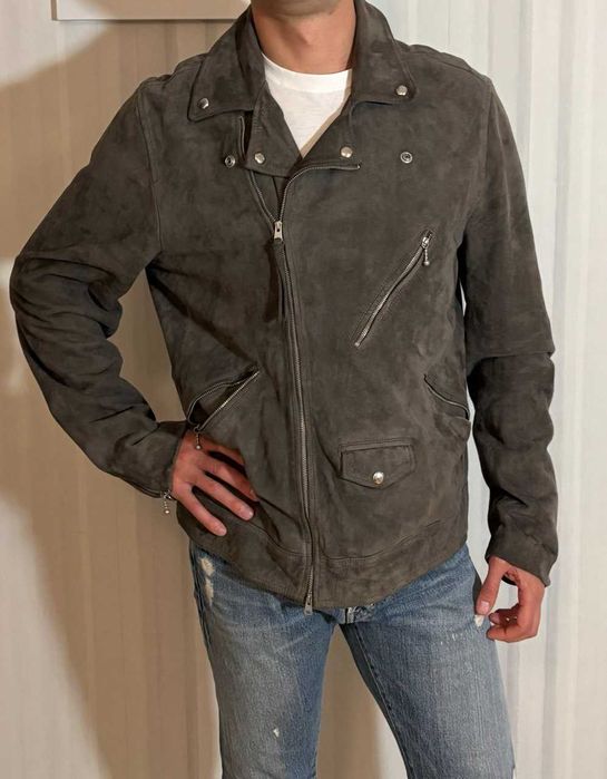 Męska kurtka AllSaints – zamszowa ramoneska (biker) w kolorze szarym