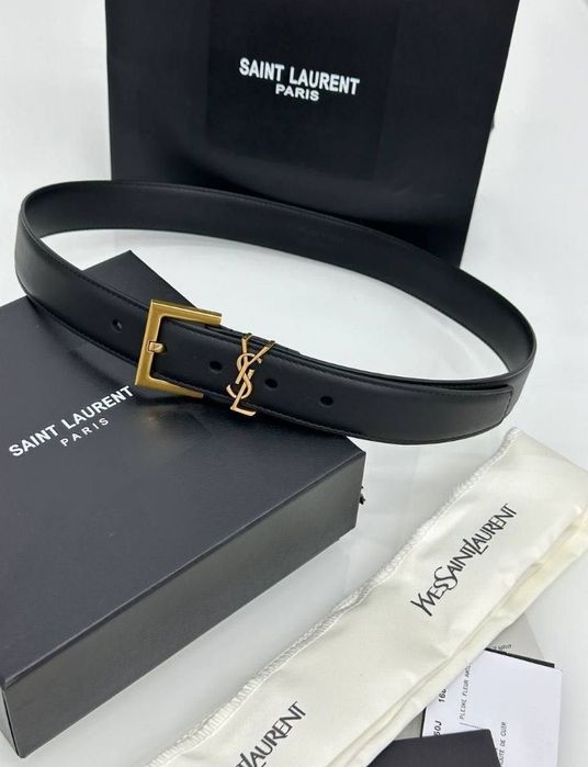Nowy Skórzany Pasek Damski YSL czarny złoty Tanio