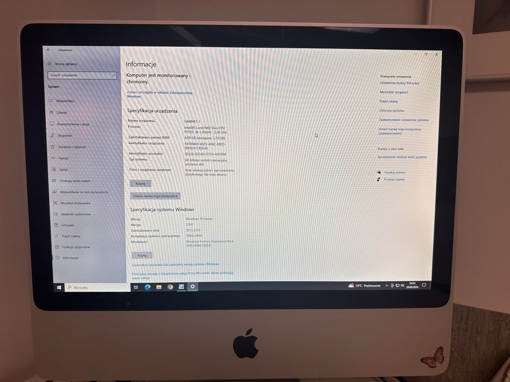 Imac 20” Apple model A 1224 + licencja Windows 10.