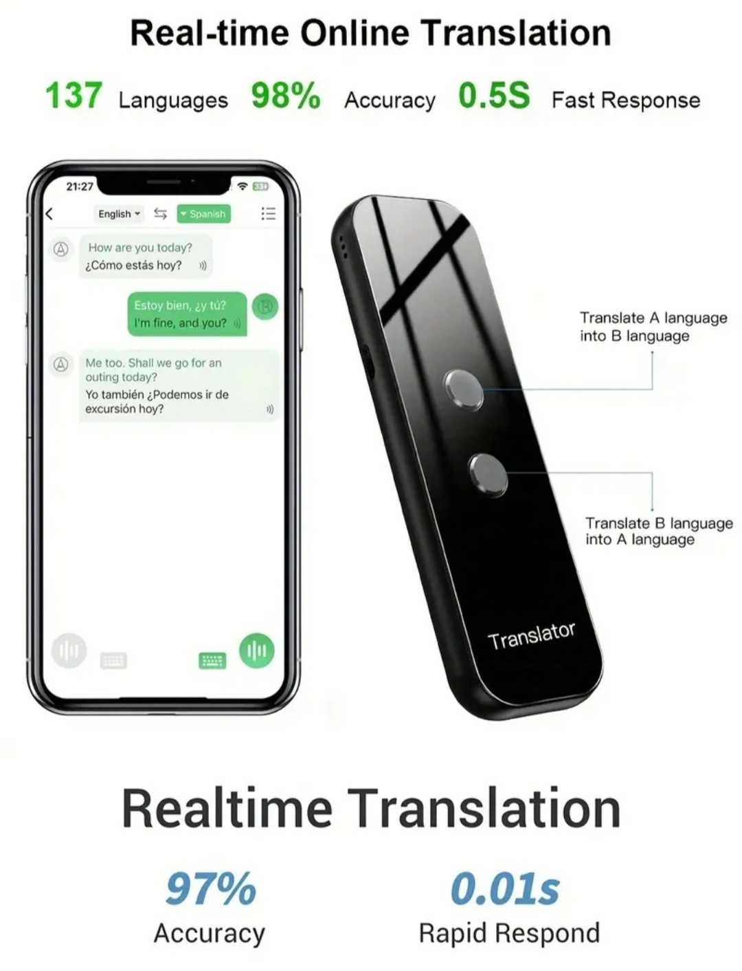 Перекладач голосовий, G6 Bluetooth TRANSLATOR, 2024 р., 137 мов.