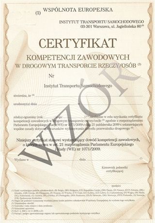 Certyfikat Kompetencji Zawodowych Licencja na przewóz CKZ Rzeczy /Osób