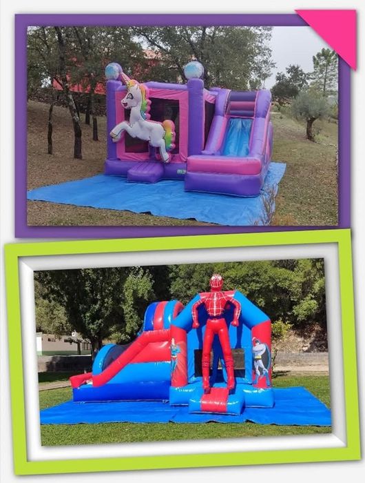 Insuflável unicórnio e homem aranha