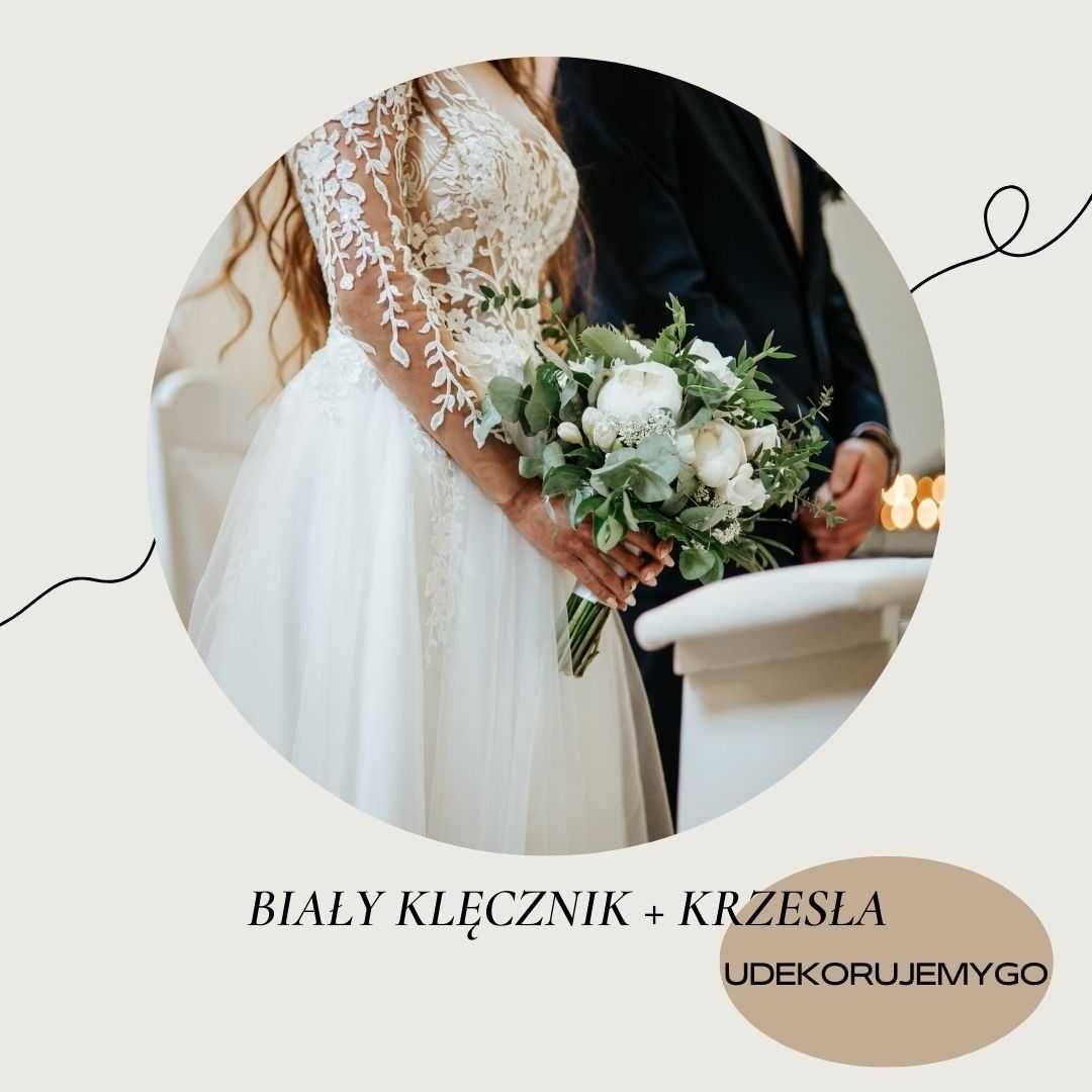 Dekoracje kościoła - klęcznik, krzesła, biały dywan i inne