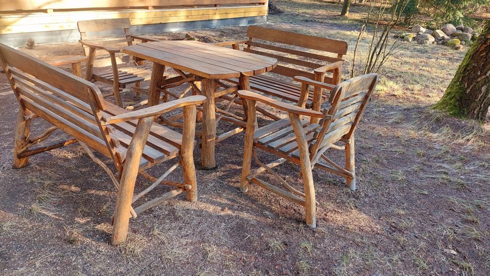 Zestaw tarasowy ogrodowy dębowy stół ławy - sofy fotele