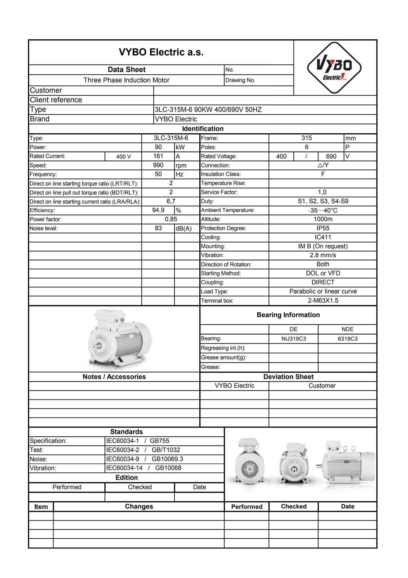 silnik 3-fazowy 90kw 990rpm 160/95A 400/690V LC315M6 VYBO Electric EU