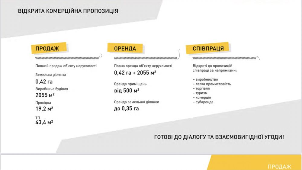 Оренда 1 долл/м2 Промислова будівля 2055 м2 Оренда, продаж