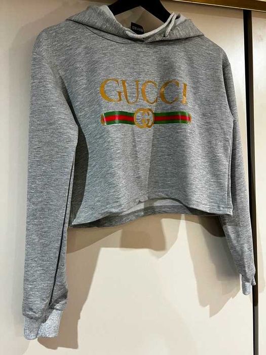 Szara krótka bluza z kapturem GUCCI logo