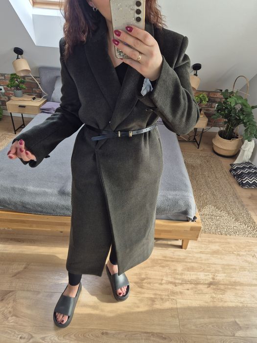 Kopertówka płaszcz wełniany z paskiem Zara khaki r. XS S wełna