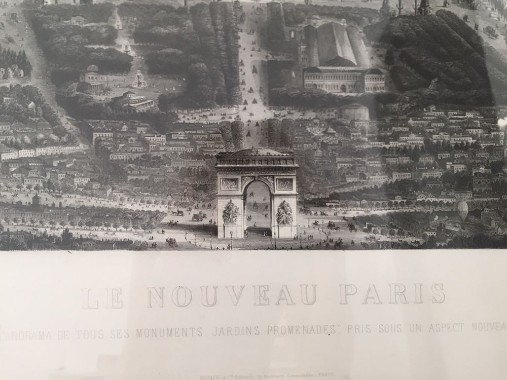 Gravura panorama de Paris com Arco do Triunfo e moldura