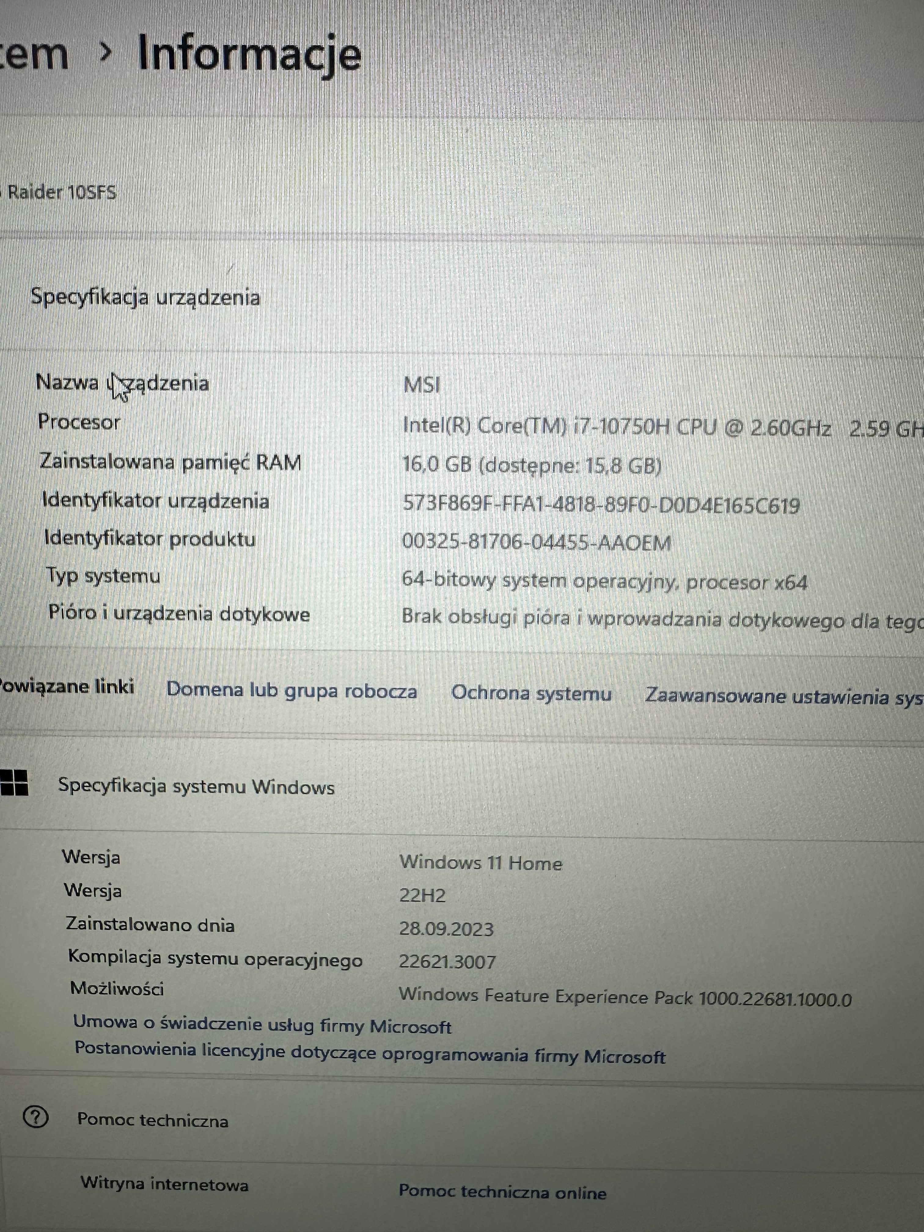 Laptop do gier MSI Raiders GE66 10SFS