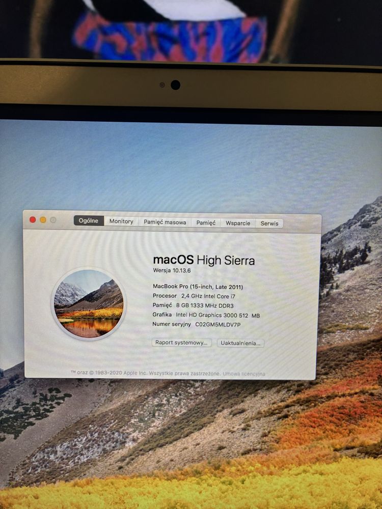 Macbook pro 15 cali intel core i7 8 gb ramu 480 gb pamieci