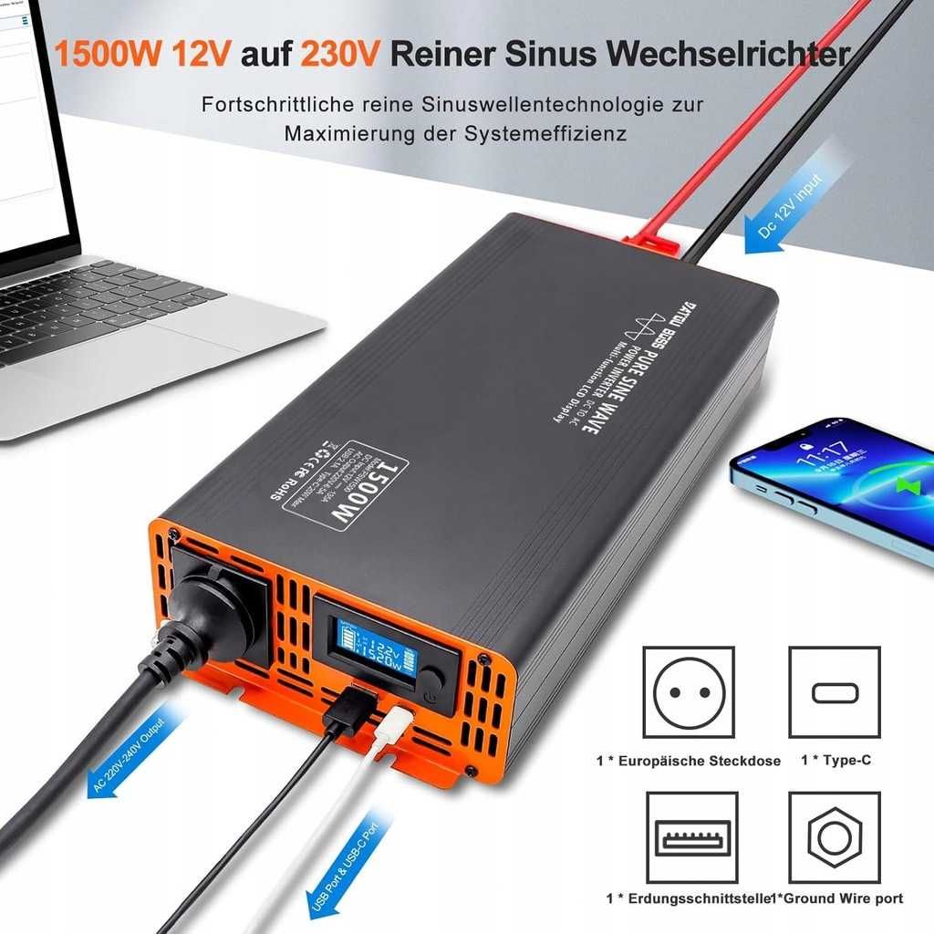 Falownik DATOUBOSS 1500W czysta sinusoida 12V na 230V LCD + pilot