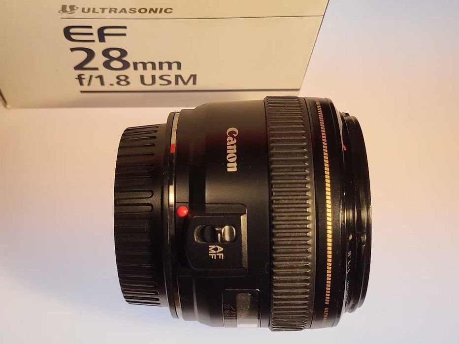Canon EF 28mm F 1.8 USM - jak nowy, opakowanie, osłona p.słoneczna