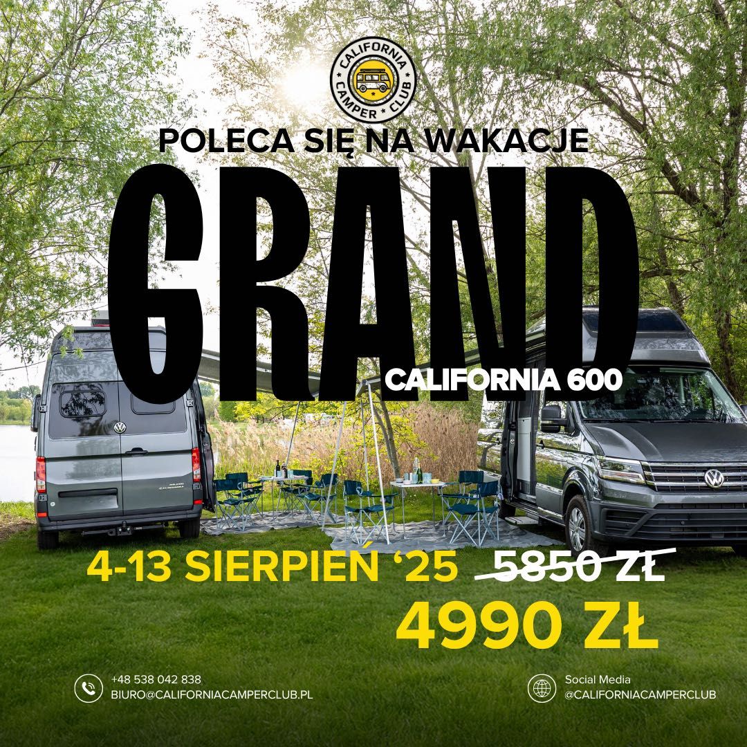 VW Grand California Wynajem Nowy 2025! Wolne Terminy! Kamper CamperVan