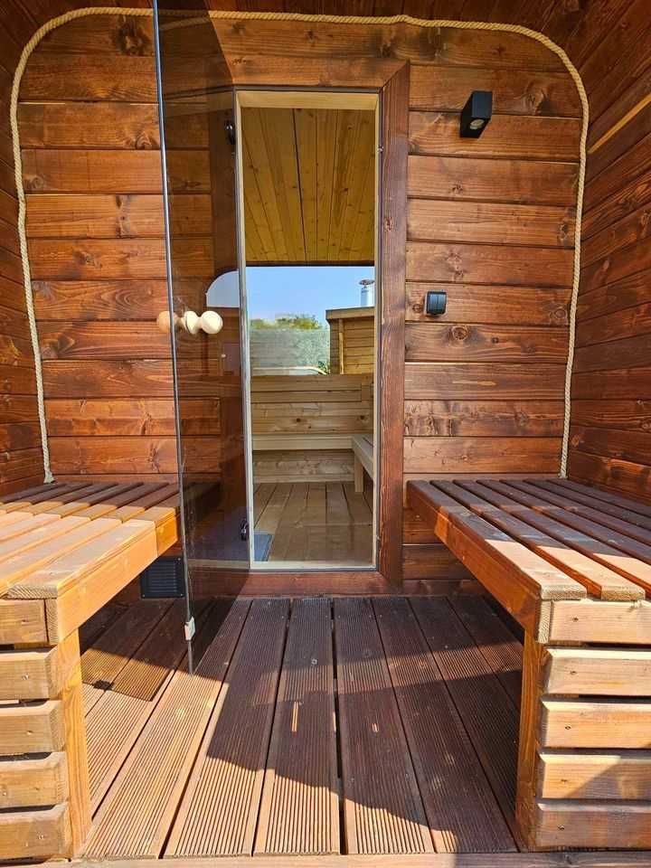 Sauna ogrodowa z piecem opalanym drewnem panorama ławeczka 1-8 osób