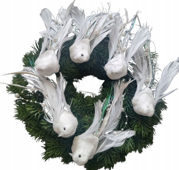 ptaszki na choinkę 6szt białe piórka perełki zawieszki deko świąteczna