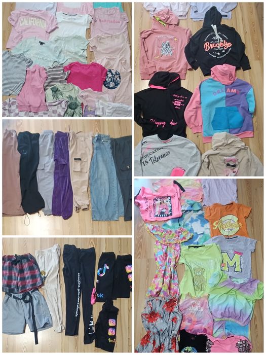 Zestaw ubrań dla dziewczynki r.140-146 bluzy, spodnie , bluzki,kurtka