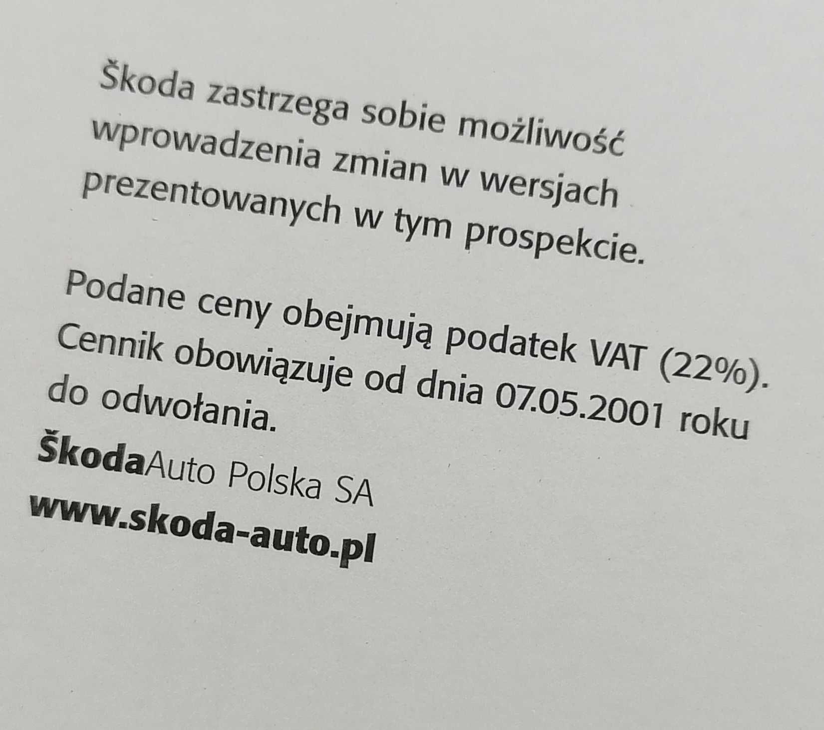 Prospekt Skoda Octavia I Combi FL 2001 Cennik Polski! PL Folder Auto