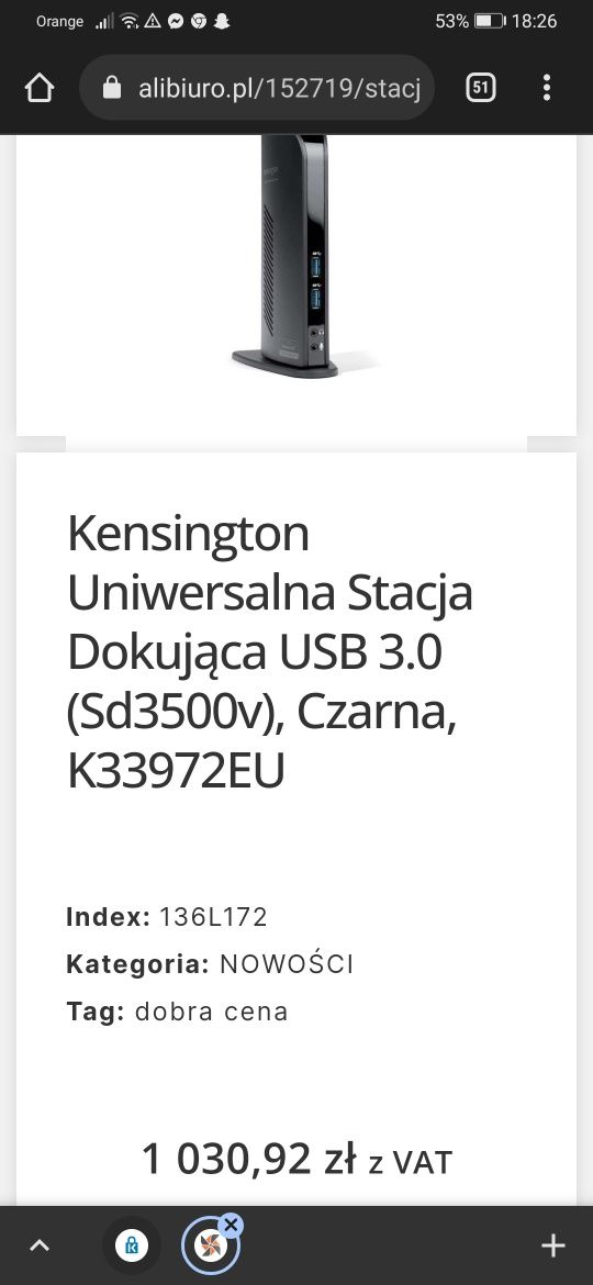 Kensington Uniwersalna Stacja Dokująca USB 3.0 (Sd3500v), Czarna, K339