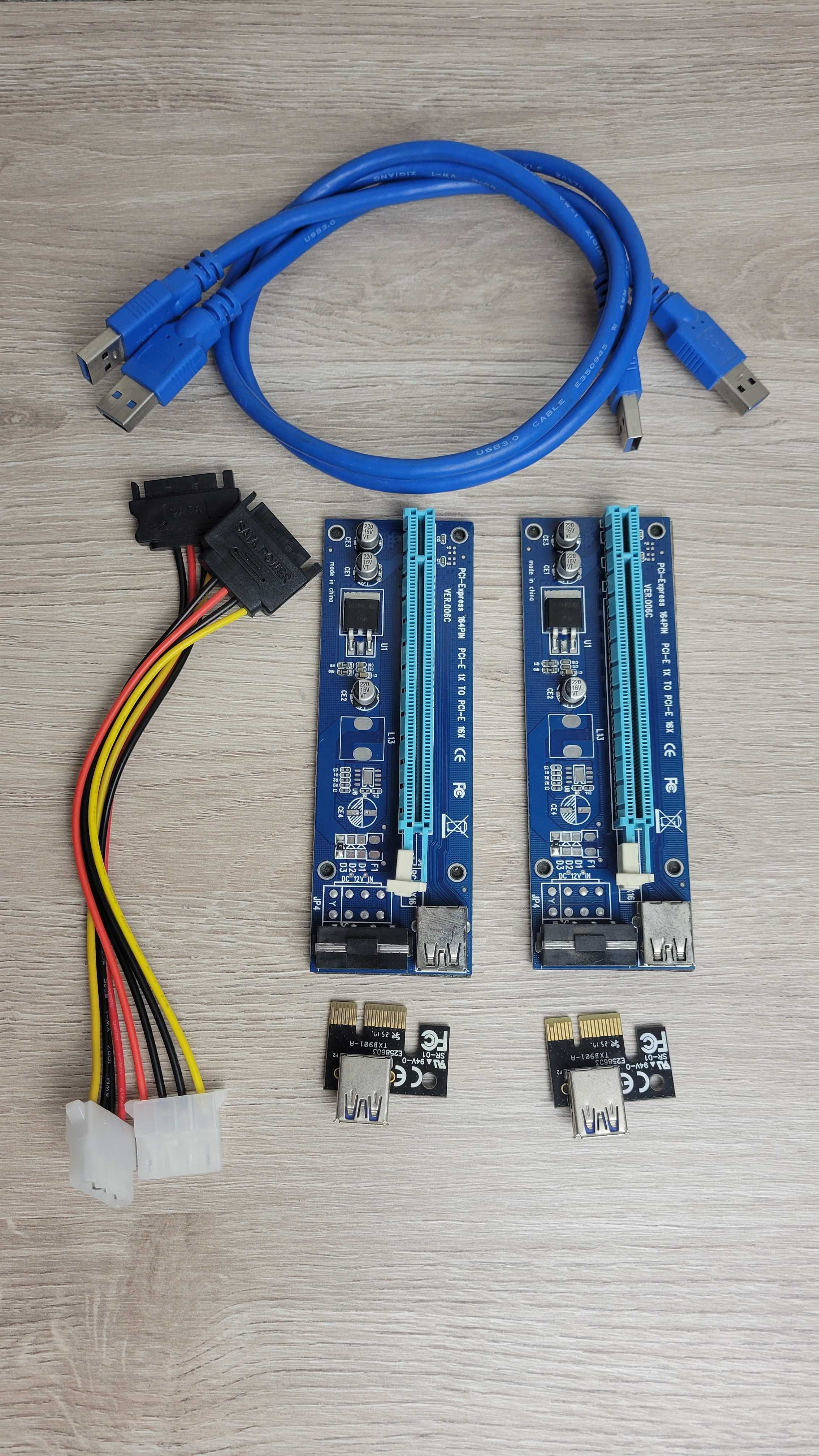 Riser ( Райзер ) PCI-EXx1=>x16, 4-pin/6-pin/Sata, USB3.0 AM-AM 0,6м