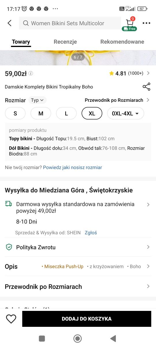 Strój kąpielowy push up wysoki stan Xl