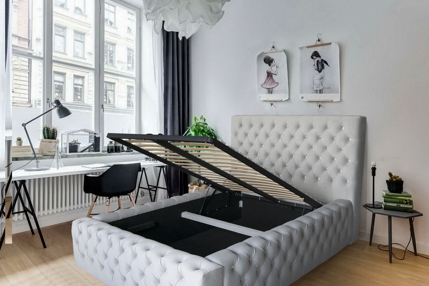 Łóżko sypialniane tapicerowane głeboko pikowane glamour