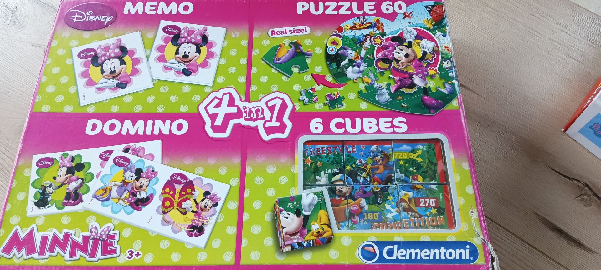 Puzzle, memo, domino Myszka Minnie, puzzle Świnka Peppa