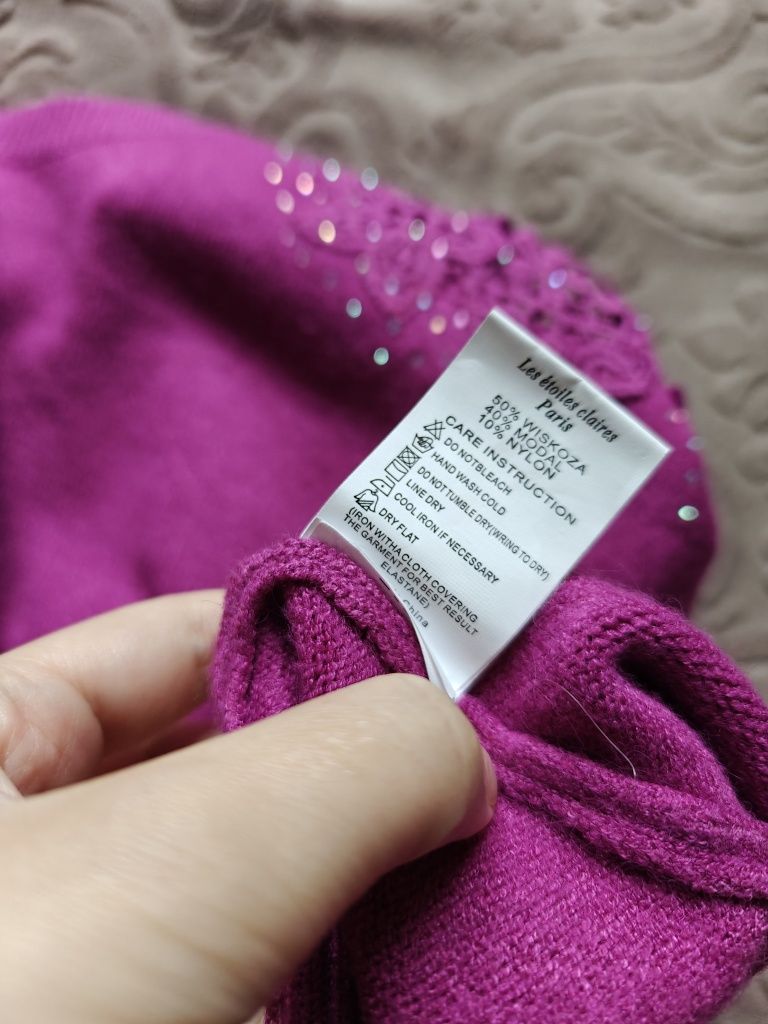 Sweter fuksja fioletowy burgundowy koronkowy kryształki L XL 40 42