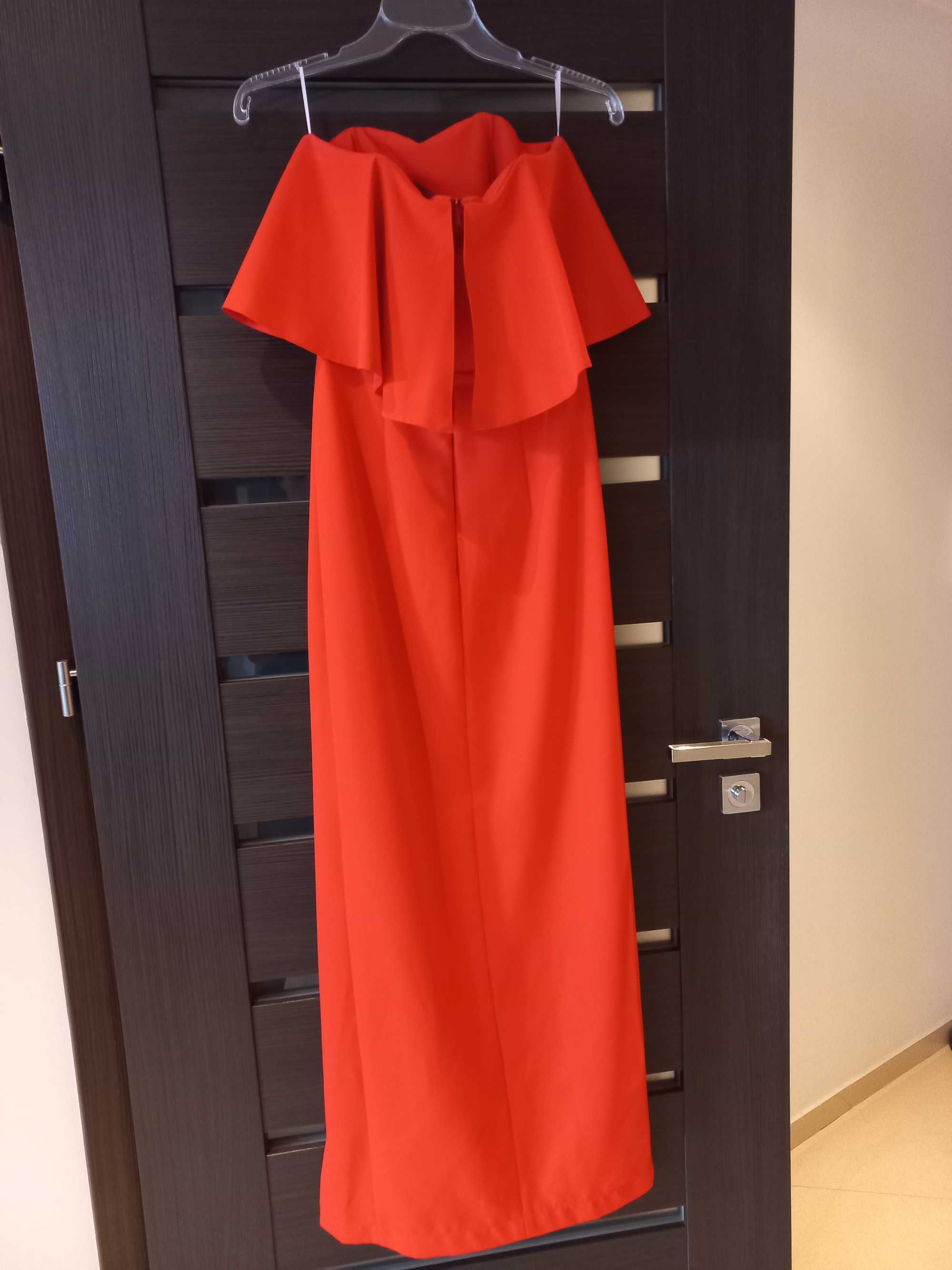 Sukienka długa czerwona z rozporkiem falbanka 36 S