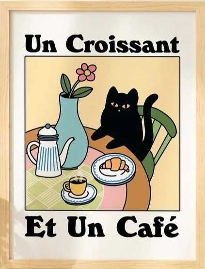 Obraz Na Płótnie Kot Z Kawą Do Kuchni 40x30 "Un Croissant, Et Un Cafe"