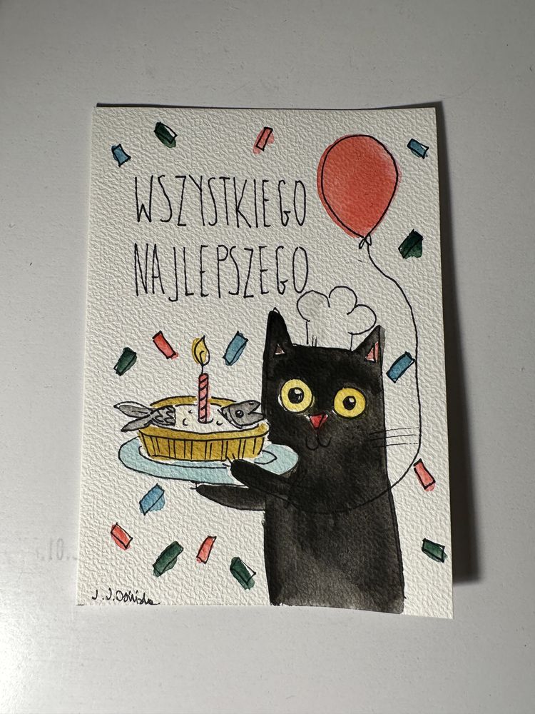 Kartka urodzinowa tort czarny kot konfetti wszystkiego najlepszego