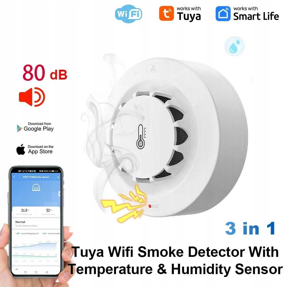 Czujnik dymu temperatury i wilgotności TUYA WiFi / bezprzewodowy alarm