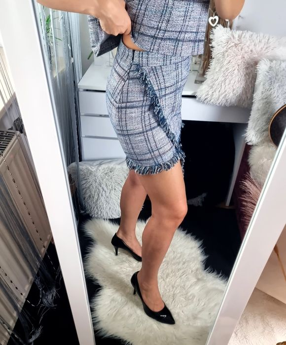 Pull&Bear Zestaw komplet Bluzka + spódnica damska frędzelki krata