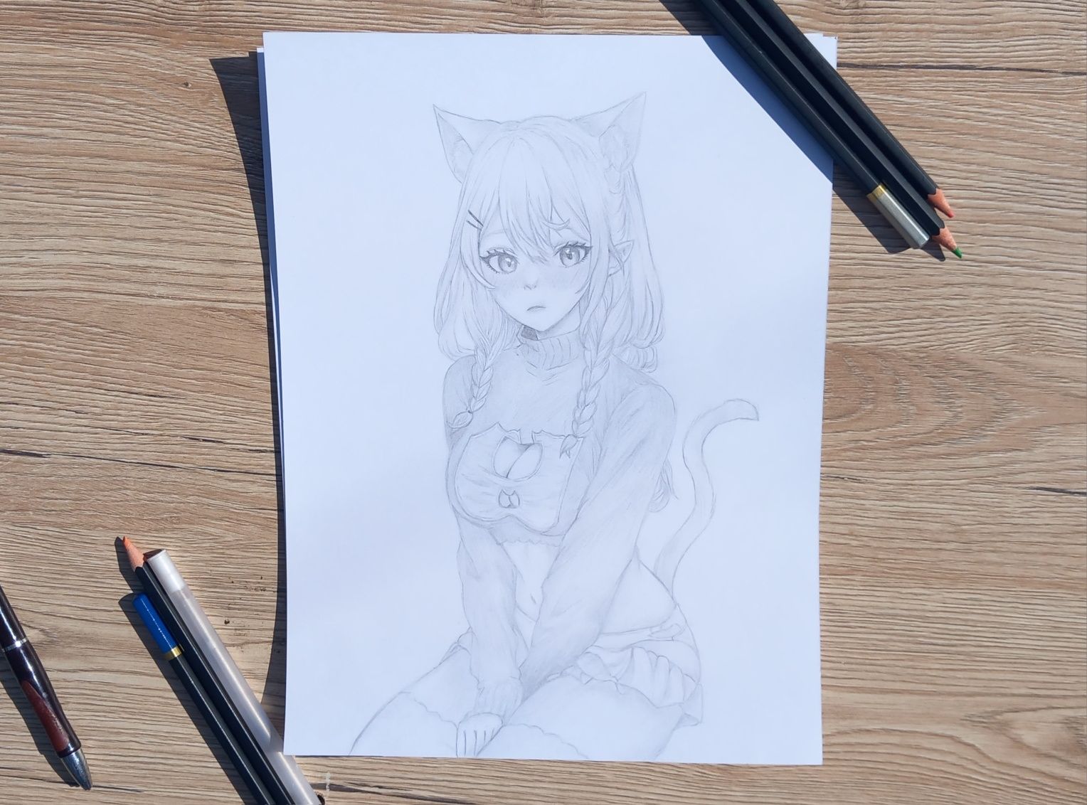 Rysunek Szkic Anime Manga girl cat